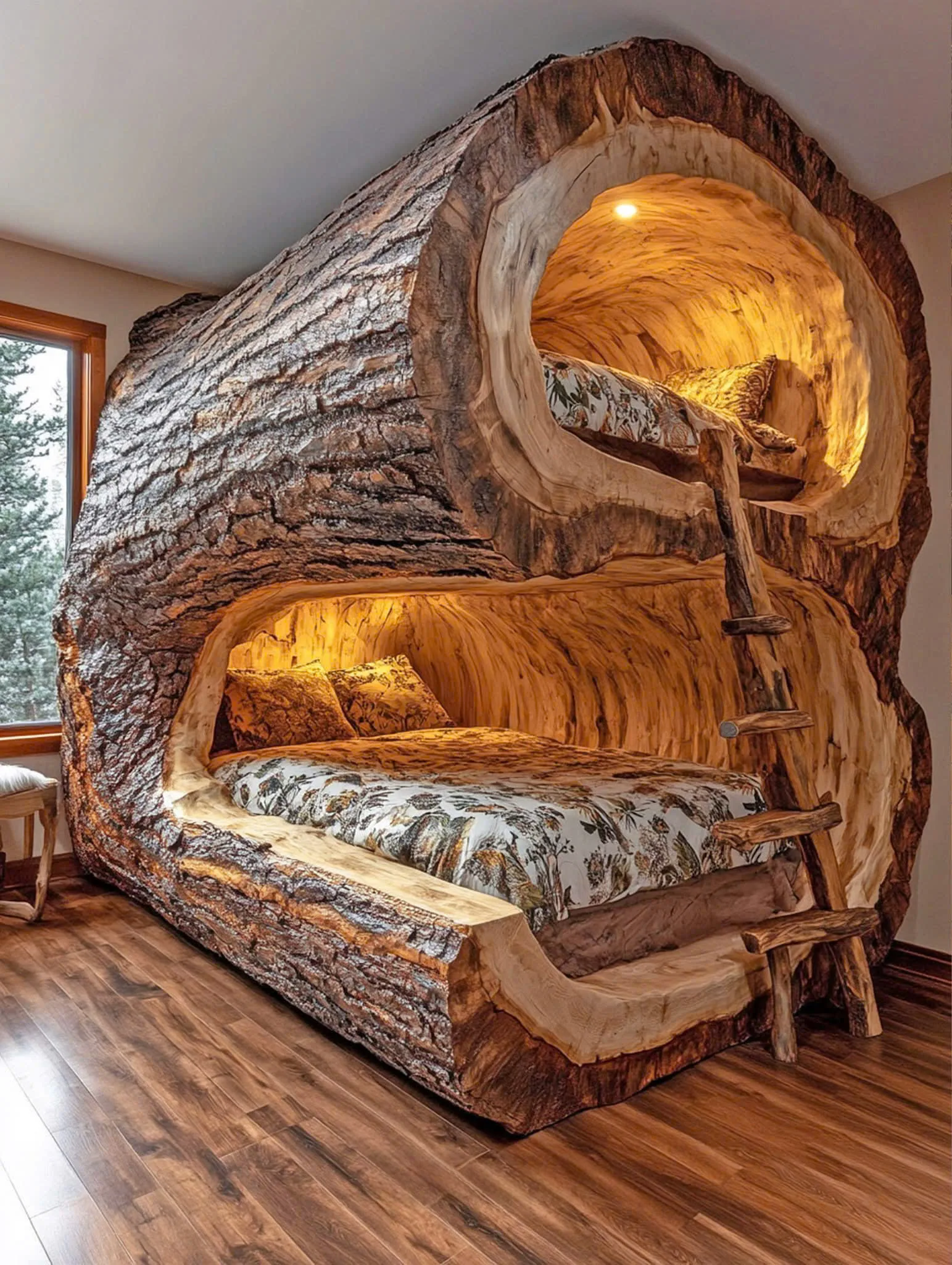 Experience the Rustic Charm of Giant Hollowed Log Bunk Beds – A Unique Addition to Any Home