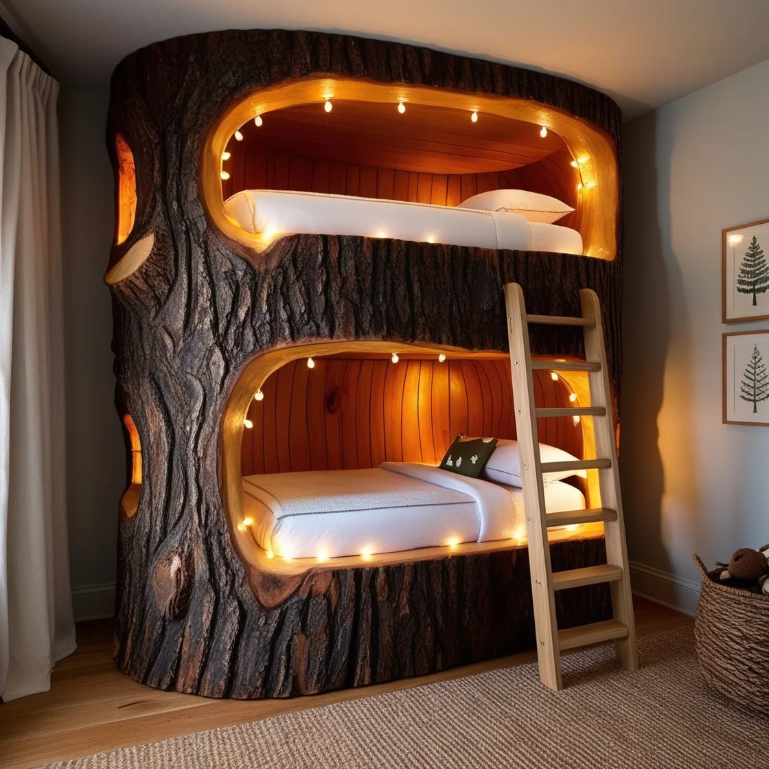 Examples of Giant Hollowed Log Bunk Beds in Various Settings