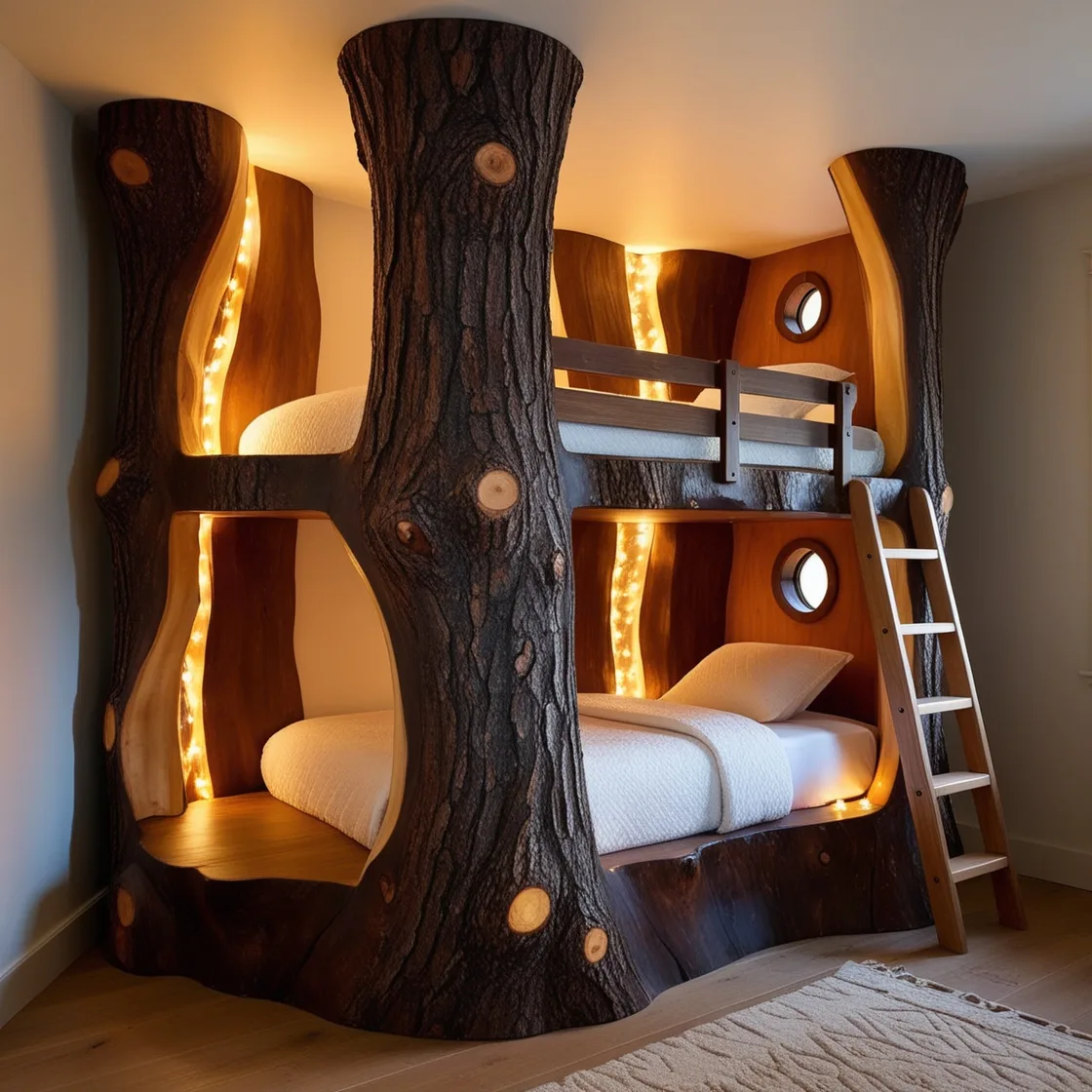 Examples of Giant Hollowed Log Bunk Beds in Various Settings