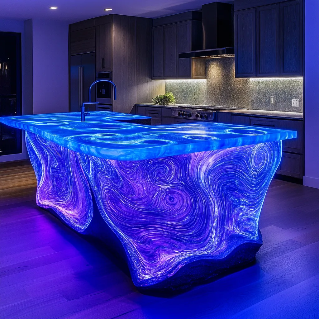 Glowing Swirly Blue Kitchen Island: A Mesmerizing Fusion of Function and Art
